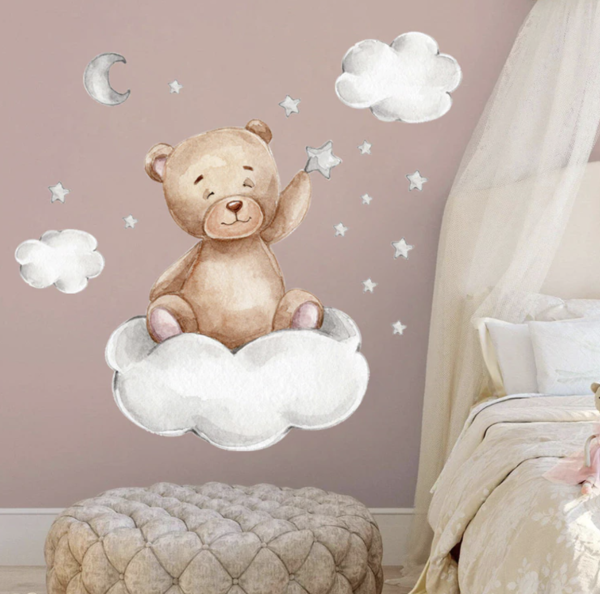 Wandsticker Aufkleber Bär Mond Wolken Sterne